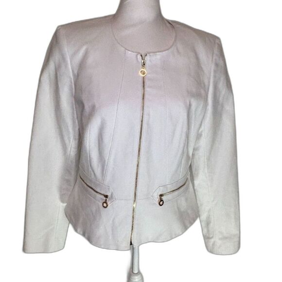 Calvin Klein Peplum White Blazer Jacket Gold Zip Designer Womens - Picture 1 of 6